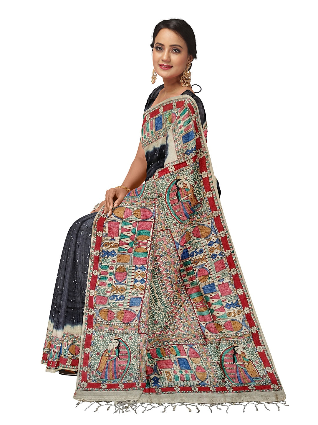 Handpainted Madhubani Saree on Tussar Munga Silk – Godhna Style with Bandhani Fusion